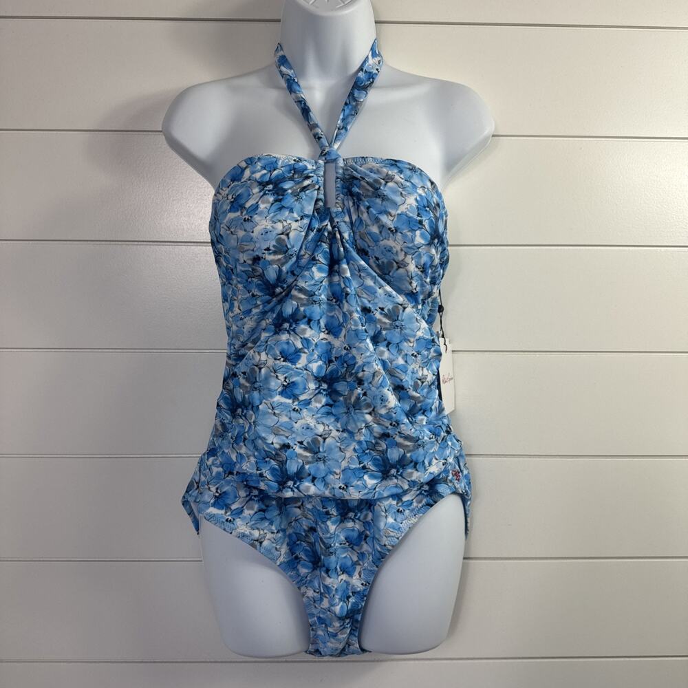 Robert Graham One Piece Halter Swimsuit Out of The Blue Floral Print sz 14